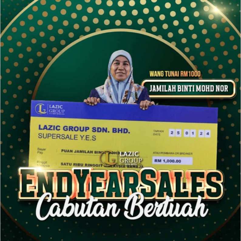 RM1000 cash prize winner Jamilah Binti Mohd Nor at Fonose End Year Sales event, promoting health and wellness products.